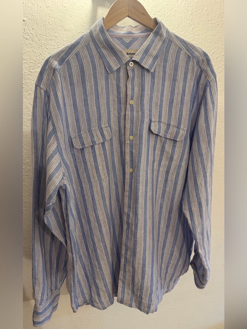 Tommy Bahama Linen Blend Stripe Button Up Shirt Men XL Blue Long Sleeve Coastal